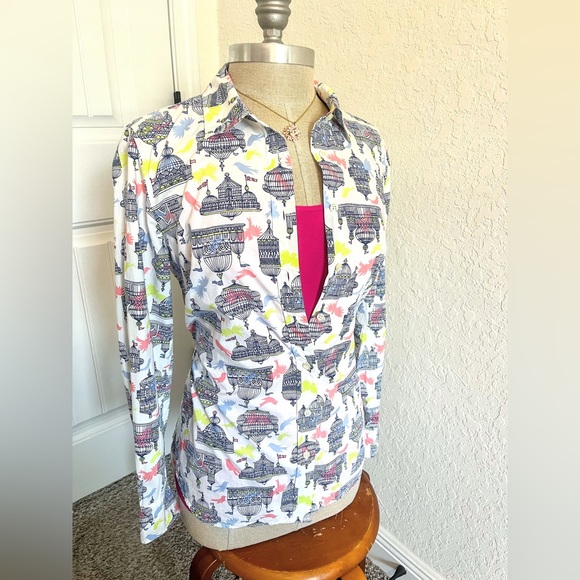 Talbots Bird Cage Print Button Down Cotton Blouse Size S - Picture 7 of 9